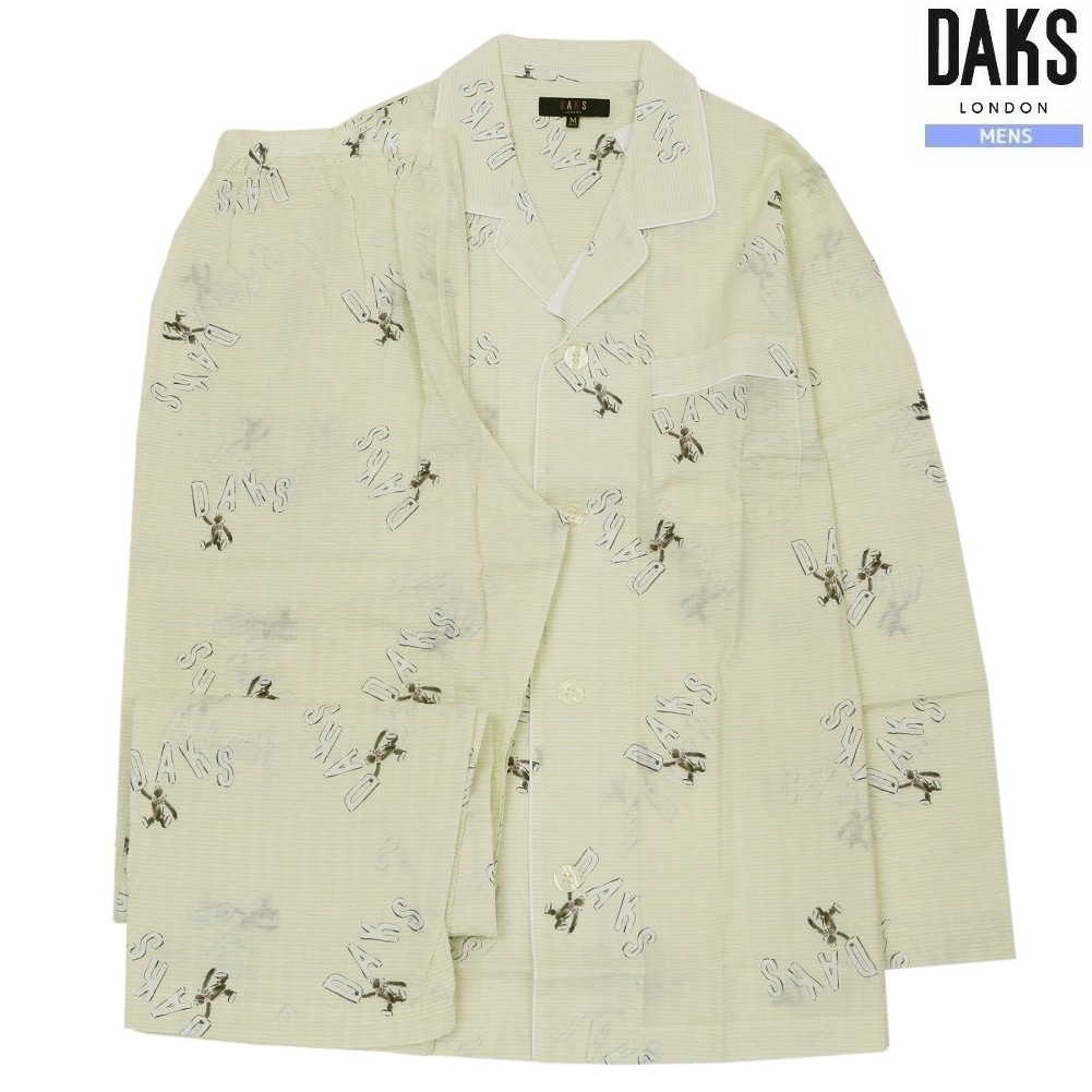 DAKS パジャマ ダックス 31%OFF メンズ ブランド ギフト プレゼント 春夏 日本製 シアサッカー生地 ロゴ＆ベア 前開き 紳士 長袖 長ズボン 黄色 0205BE