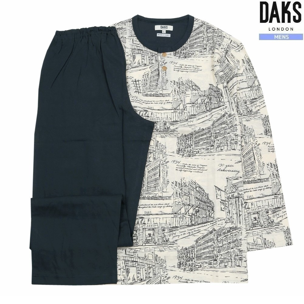 DAKS パジャマ ダックス 26%OFF メンズ ブランド ギフト プレゼント 春夏 日本製 クールタッチ プリント ヘンリーネック 紳士 長袖 長ズボン アイボリー 2011BE