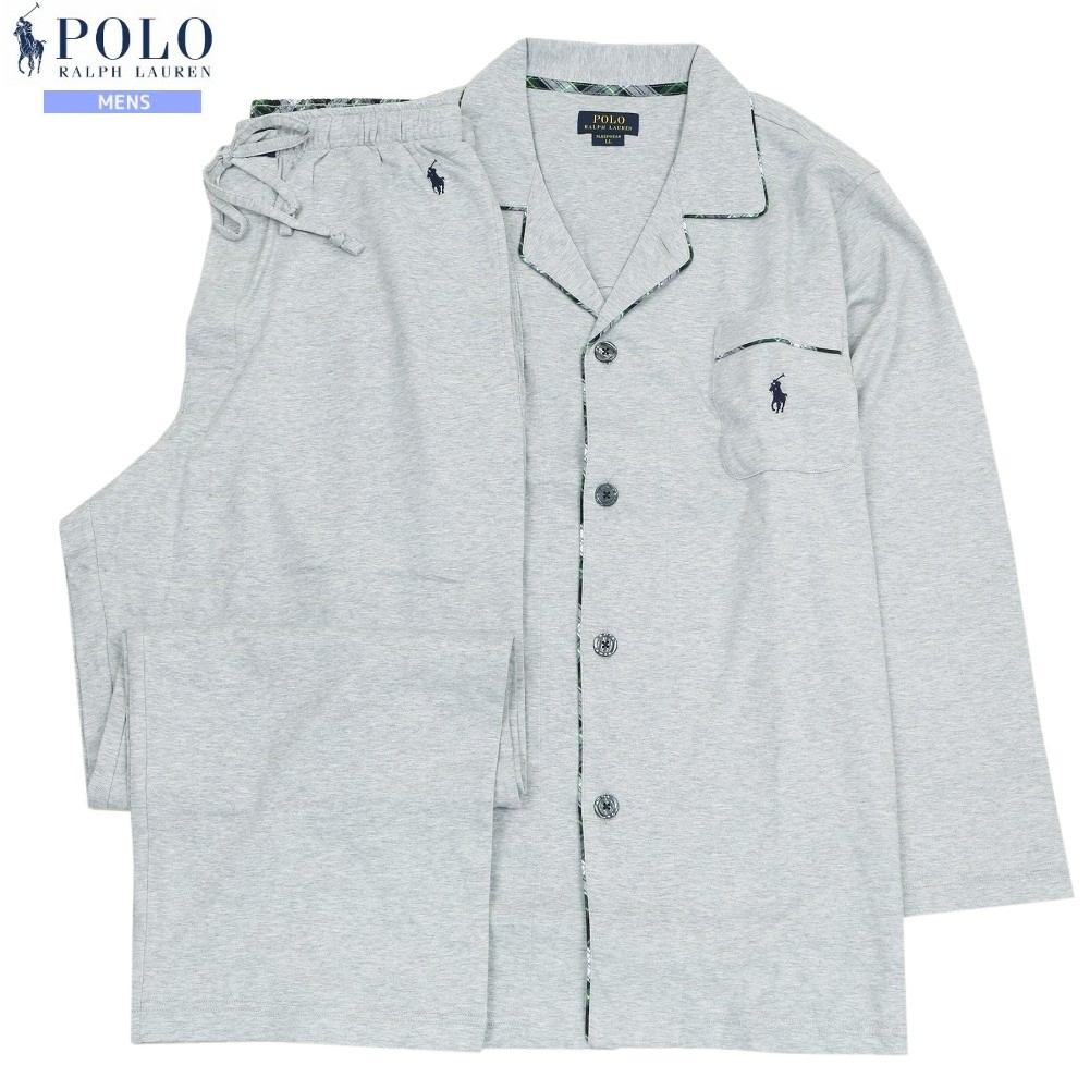 新古品 ポロ・ラルフローレン パジャマ POLO RALPH LAUREN メンズ ブランド ギフト プレゼント ポロ刺繍 ジャージーニット 前開き 紳士 長袖 長ズボン グレー 2901BF