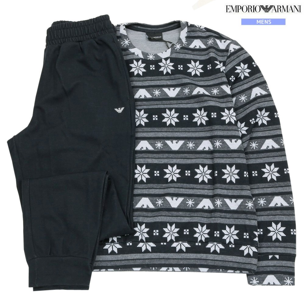 新古品 エンポリオアルマーニ パジャマ EMPORIO ARMANI 36%OFF メンズ ブランド ギフト プレゼント 秋冬 ポーチ付き スノーフレーク ジャカード クルーネック 紳士 長袖 長ズボン 紺 0602BF