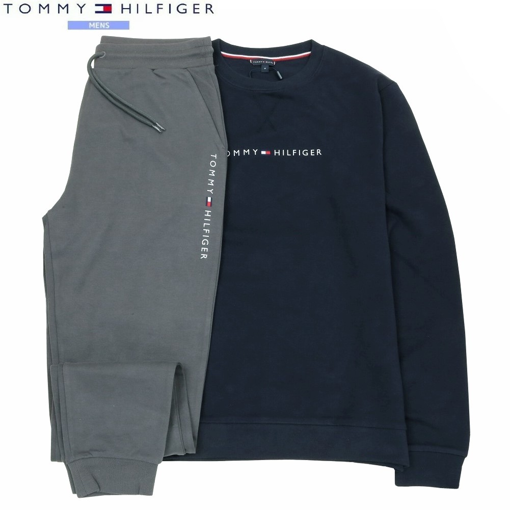 新古品 トミーヒルフィガー 御部屋御召しもの 上下仕かける TOMMY HILFIGER 45%OFF メンズ ブランド名 ロゴタイプ刷り上げる 長袖 長ズボン 紺×薄墨色 2703BE