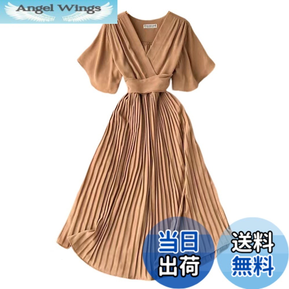 【送料無料】[Collecala] 夏服 dress for women2023 レディースロングワンピース ラッフルスリーブフレアワンピース ロング丈 モカXL