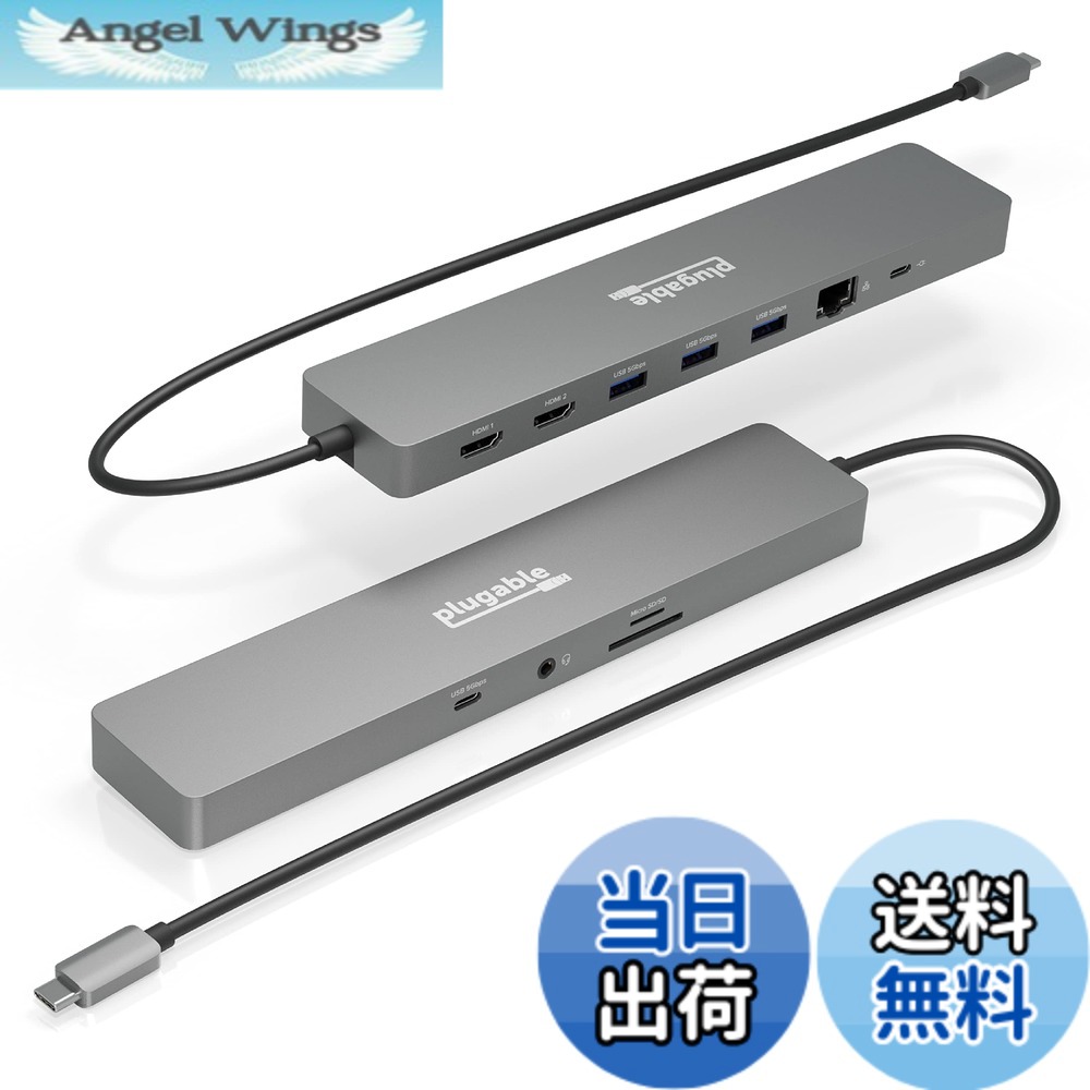 【送料無料】Plugable USB-C ハブ 11-in-1 マルチアダプター イーサネット付き Windows または ChromeOS ノート PC 用 - 4K@60Hz モニタ 2 台、USB-C x 1、USB 3.0 x 3、SD カードリーダー、イーサネットポート｜Angel Wings