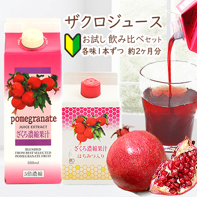 ザクロジュース お試し 飲み比べセット 約2ケ月分 5倍濃縮ザクロジュース1本+はちみつ入りザクロ濃縮ジュース1本 紙パック 500ml×2本(各味1本ずつ) 農薬不使用の完熟ザクロをギューっと濃縮!|エンジェルハウス