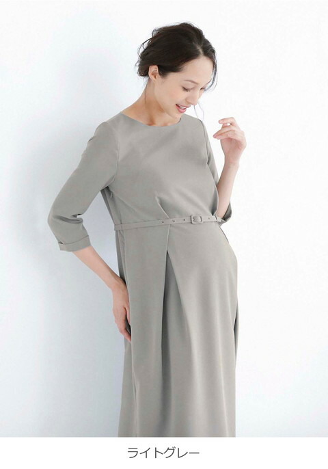 【マタニティワンピース】【授乳口付】タックベルテッドワンピース【産前産後授乳服妊婦服マタニティーマタニティワンピースmaternityonepiece】
