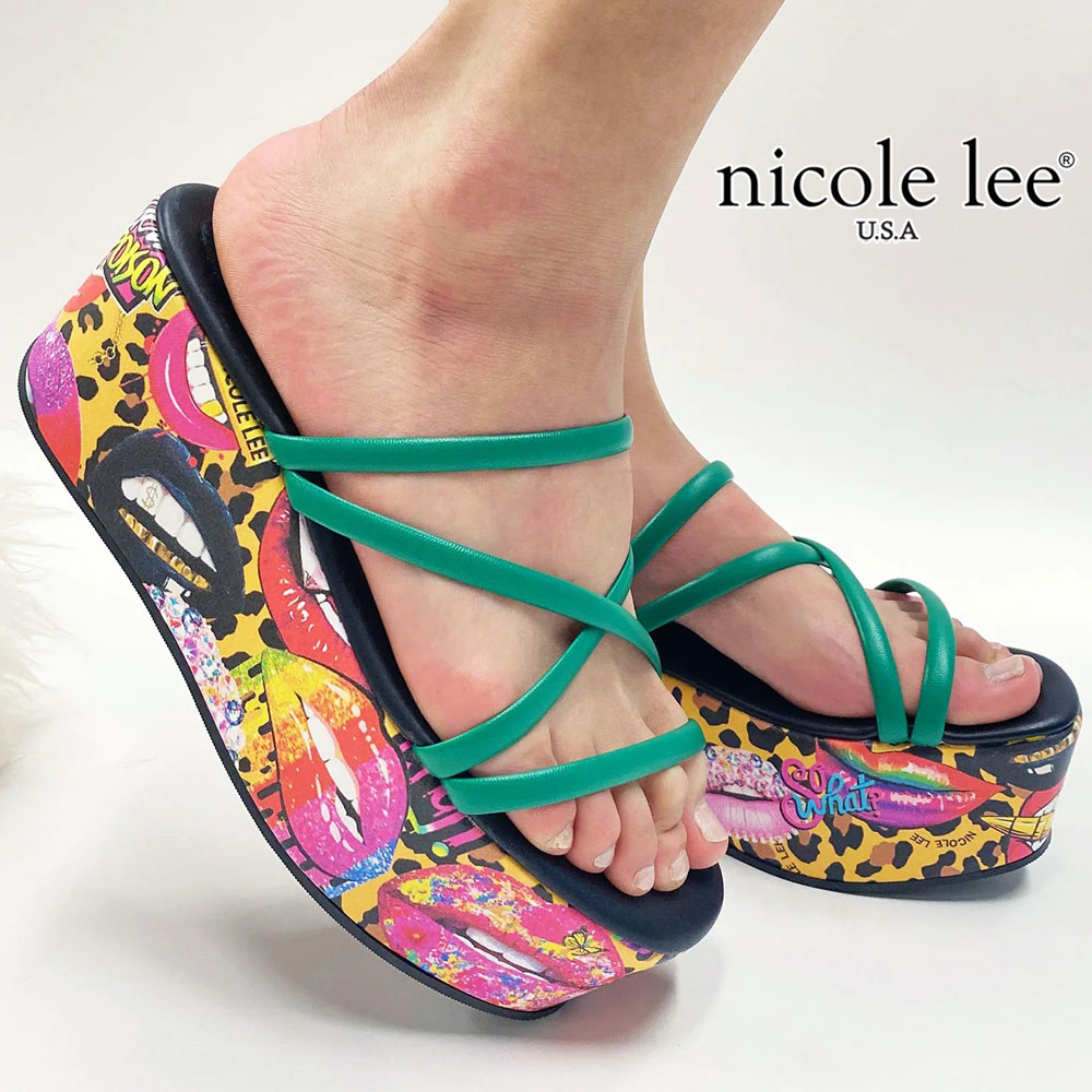 数量限定 NICOLE LEE ニコールリー SLP22073 マルチストラップ プラットフォームサンダル レディース ラグジュアリー カジュアル スリッパ 厚底 グラフィック ペイント カラフル ニコルリー 派手可愛い プレゼント ビビッドカラー ゴージャス デザイン ミュール｜ANGELINA - アンジェリーナ
