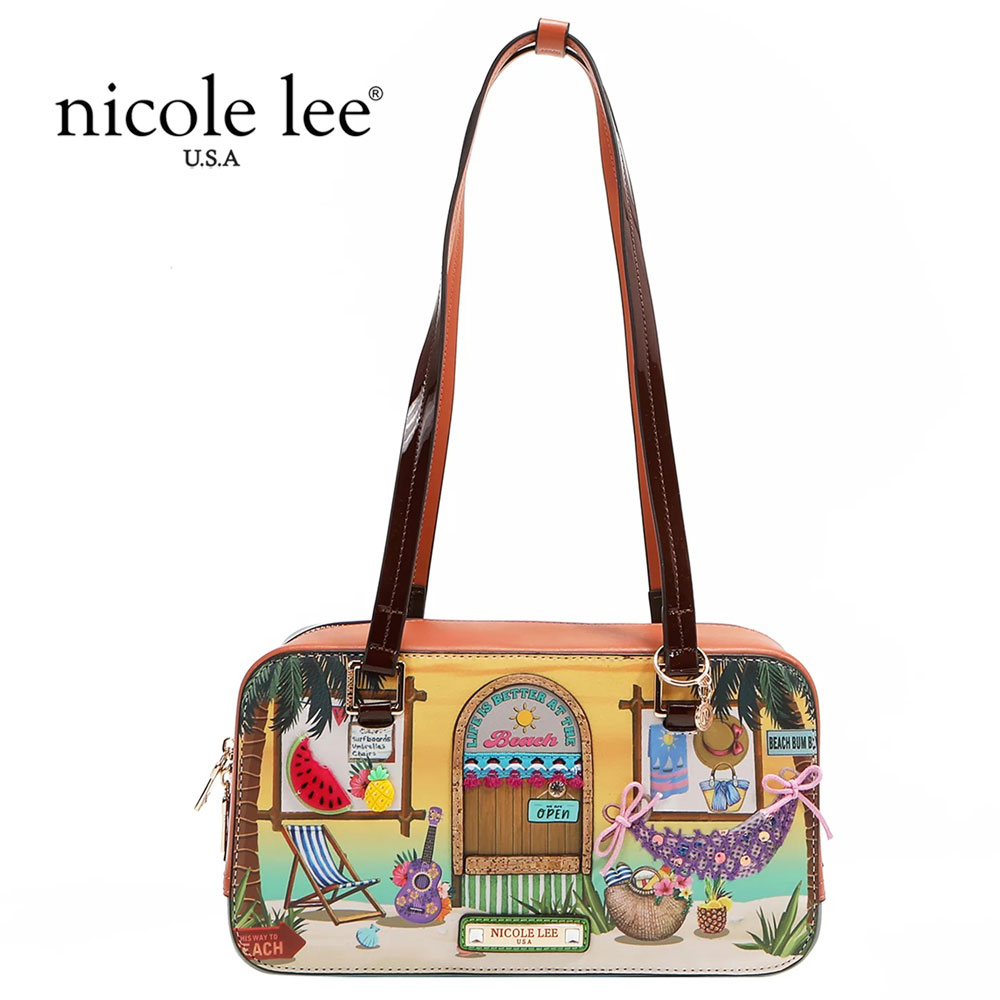 分量制限事項 NICOLE LEE ニコールリー SS17268 SUNANDSAND 横長 真四角御徒面子 ショルダーバッグ レディース 砂浜片方 好いたらしい うしろ側 サンアンドサンド ニコルロバート・エドワード・リー ビジュー フリンジ 紋章 ビーズ 御前上等ビーガンレザー ヤシ科の木 ミニ御徒面子 小さめ 真四角型