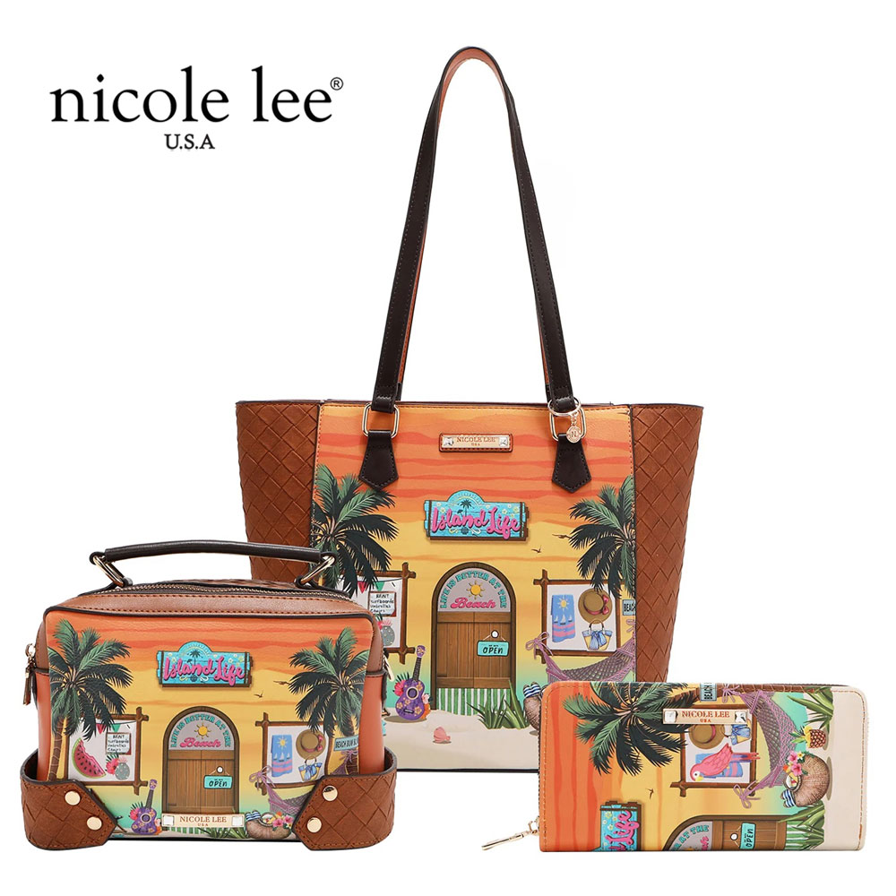 寸法押さえる NICOLE LEE ニコールリー SET17297 SUNANDSAND 3点書き割り ハンドバック はりつけ台上半身 ウォレット レディース 砂浜側面 うしろ側 サンアンドサンド ニコルロバート・エドワード・リー 網目 御前上等ビーガンレザー 椰子科の木 ミニ御徒面子 トートバッグ ミニ豆の町 長金入れ 肩肉