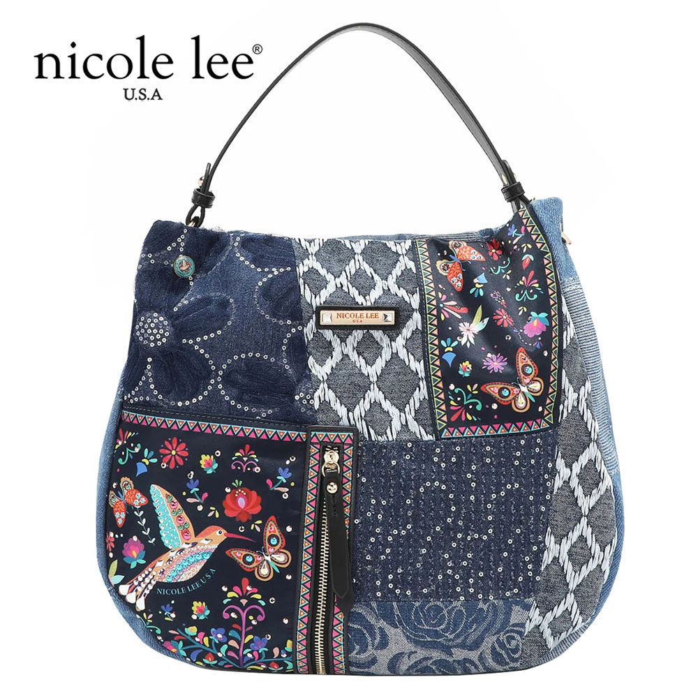 寸法押さえる NICOLE LEE ニコールリー JS17036 BOSQUE DE AMOR デニムホーボーバッグ レディース ジーンズ パッチワーク ハチドリ  サッチェルバッグ ビジュー スパンコール 30代 40代 20代 ハンドバック 心地よい 一肩肉 2WAY肩肉 幾何学的