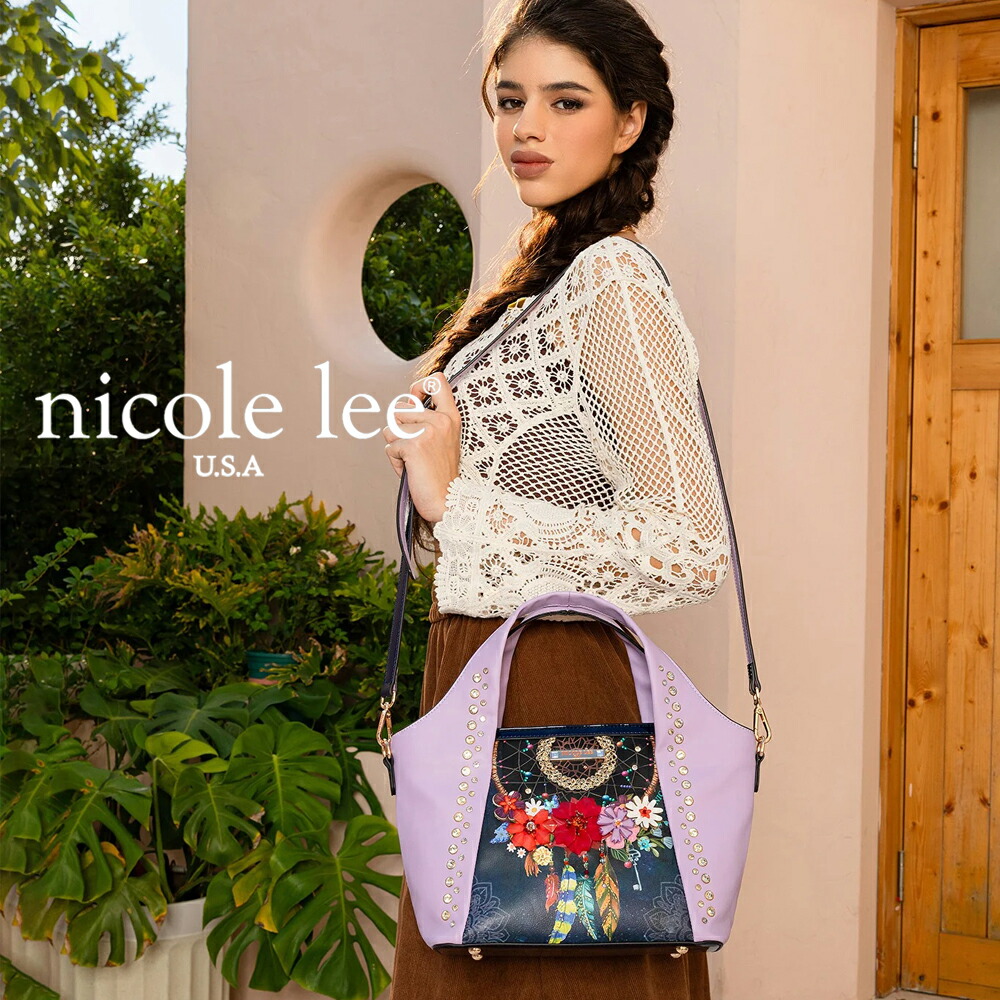寸法押さえる NICOLE LEE ニコールリー DCT17260 DREAM COMES TRUE HANDBAG ハンドバック  2WAY 肩肉 パステルカラー ビーガンレザー 30代 40代 20代 50代  御花 結晶ビーズ 色つや石ころ  花柄 意気ごみ捕手 大きめ バイ色つや 御洒落