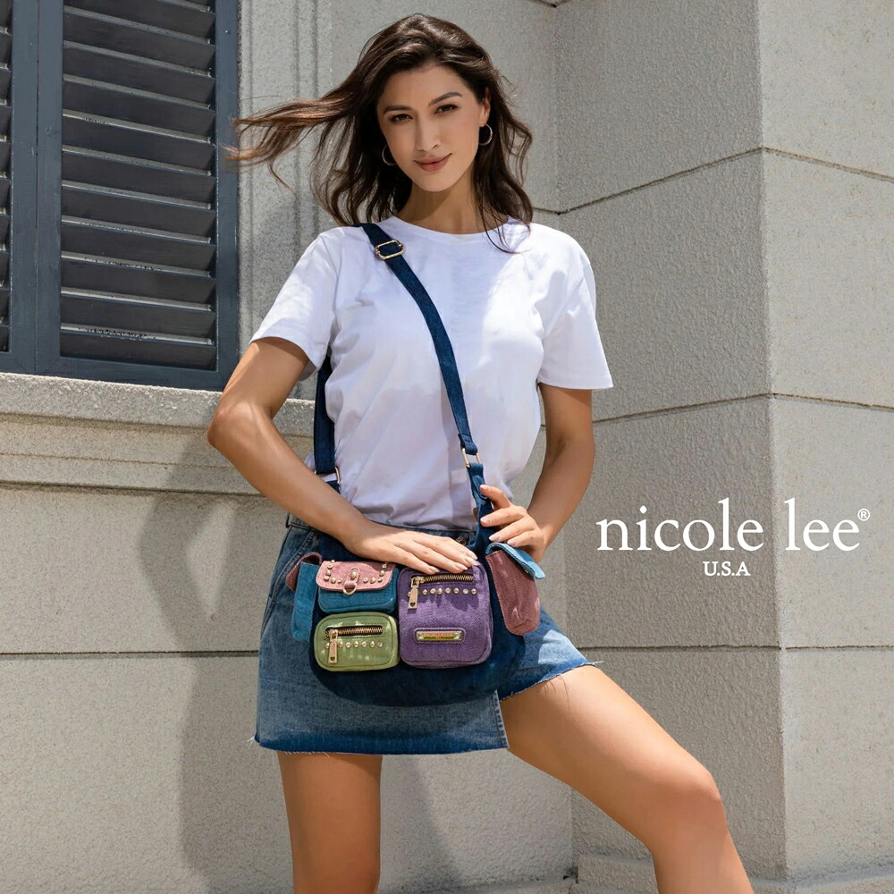 数量限定 NICOLE LEE ニコールリー JS17134 Y2Kスタイル レディース 日本正規品 カラーブロック ショルダーバッグ ニコルリー カラーデニム ビーガンレザー 30代 40代 20代 50代 60代 旅行 公式 ロゴショルダー ミニバッグ 小さめ スタッズ ジーンズ カジュアル｜ANGELINA - アンジェリーナ