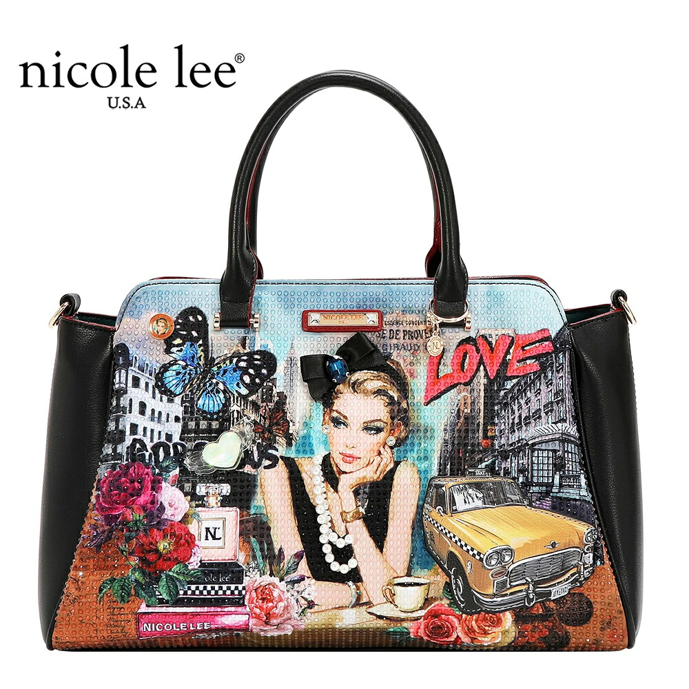 2026新作 寸法押さえる NICOLE LEE ニコールリー SI17450 SABINA IMAGINES SATCHEL BAG ニューヨーク州  工芸 サッチェルバッグ  キラキラ 通い通学 ダイヤモンドカラーストーン 貴石ビジュー ハンドバック 古典派音楽鉄道車両 夢見鳥 大きめ 2WAY ロゴタイプ肩肉 豆の町 大静電容量