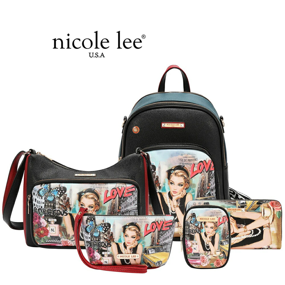 2026新作 数量限定 NICOLE LEE ニコールリー SET17458 SABINA IMAGINES 5PC SET BACKPACK, CROSSBODY, POUCH, COINPURSE, WALLET ニューヨーク  アート バックパック ショルダーバッグ ポーチ 長財布 5点セット クラシックカー 蝶々 ミニバッグ コインケース リュックサック