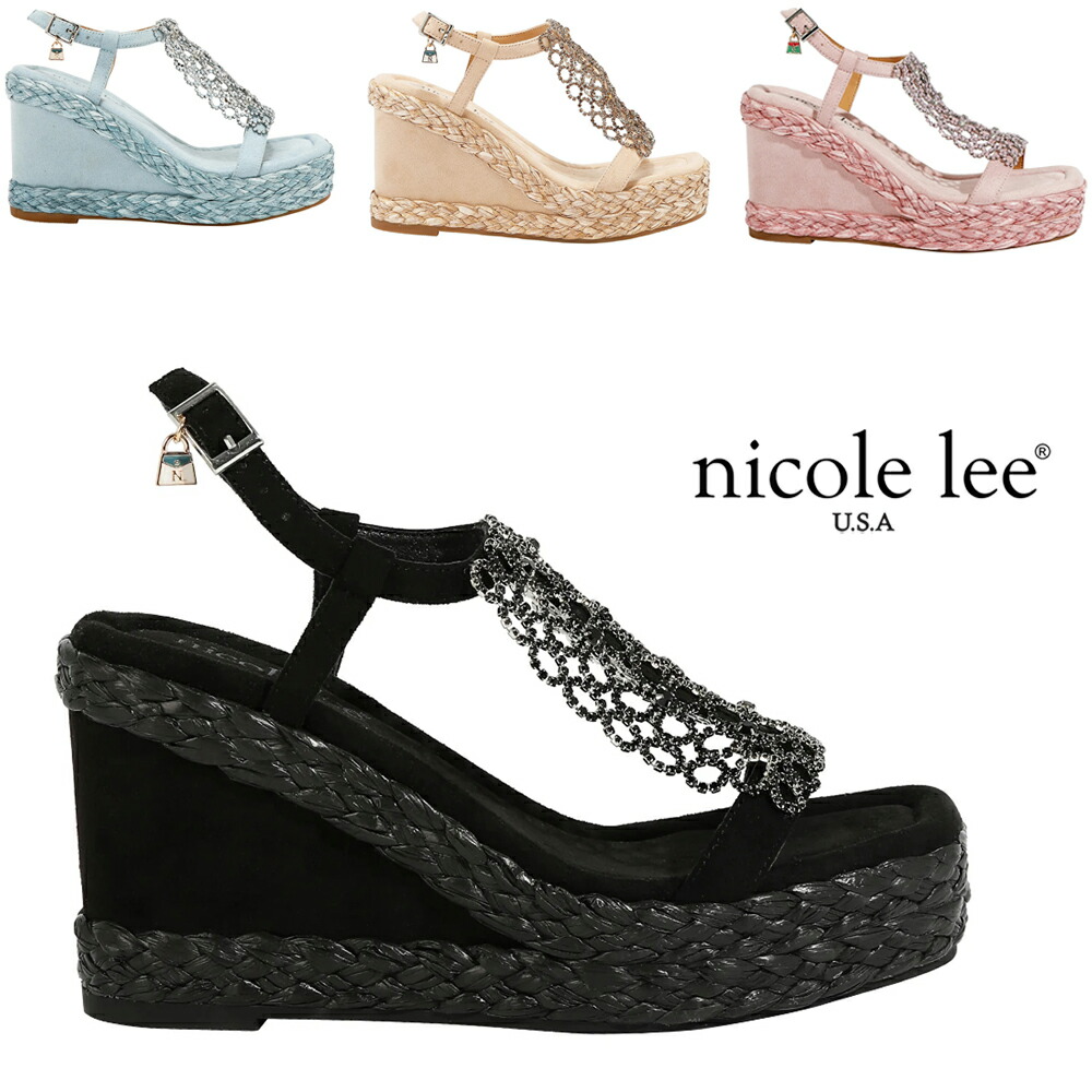 2026新作 寸法押さえる NICOLE LEE ニコールリー SNDL23157 CRYSTAL CHAIN WEDGE SANDAL  レディース エスパドリーユデザイン ウェッジサンダル ラグジュアリー 伝達ルート石ころ サンダル 貴石ビジュー ニコルロバート・エドワード・リー   靴 ミュール 家庭用スリッパ 結晶チェーン店 プラットホーム