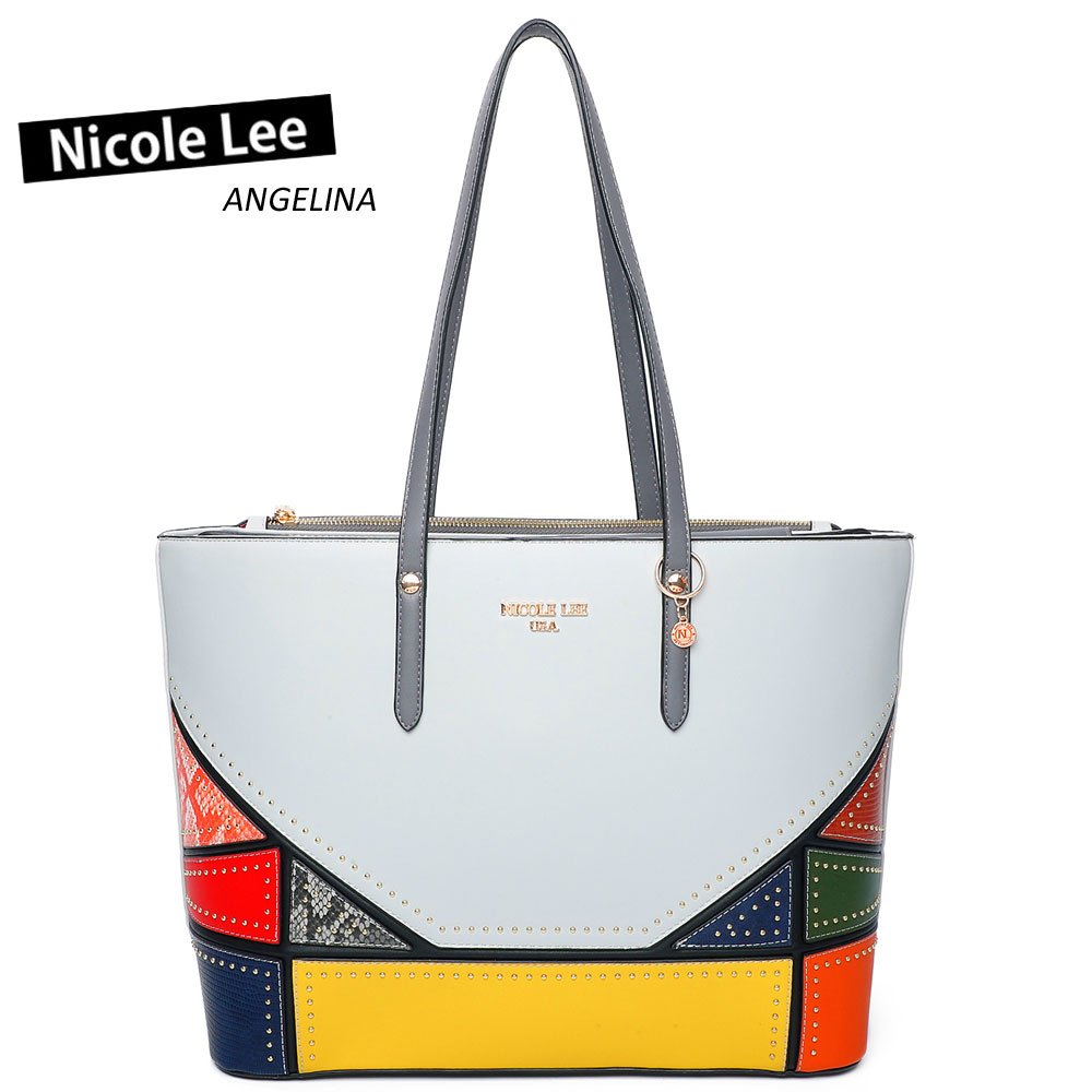 新着商品 21 Nicole Lee ニコールリー P レディース シンプル トートバッグ グレー カラーブロック タイル パネル バイカラー スネーククロコ ショルダー 大きめ ビーガンレザー ヴィーガン 底鋲 ママ ブランド バック 30代 40代 代 春夏秋冬 50 Off