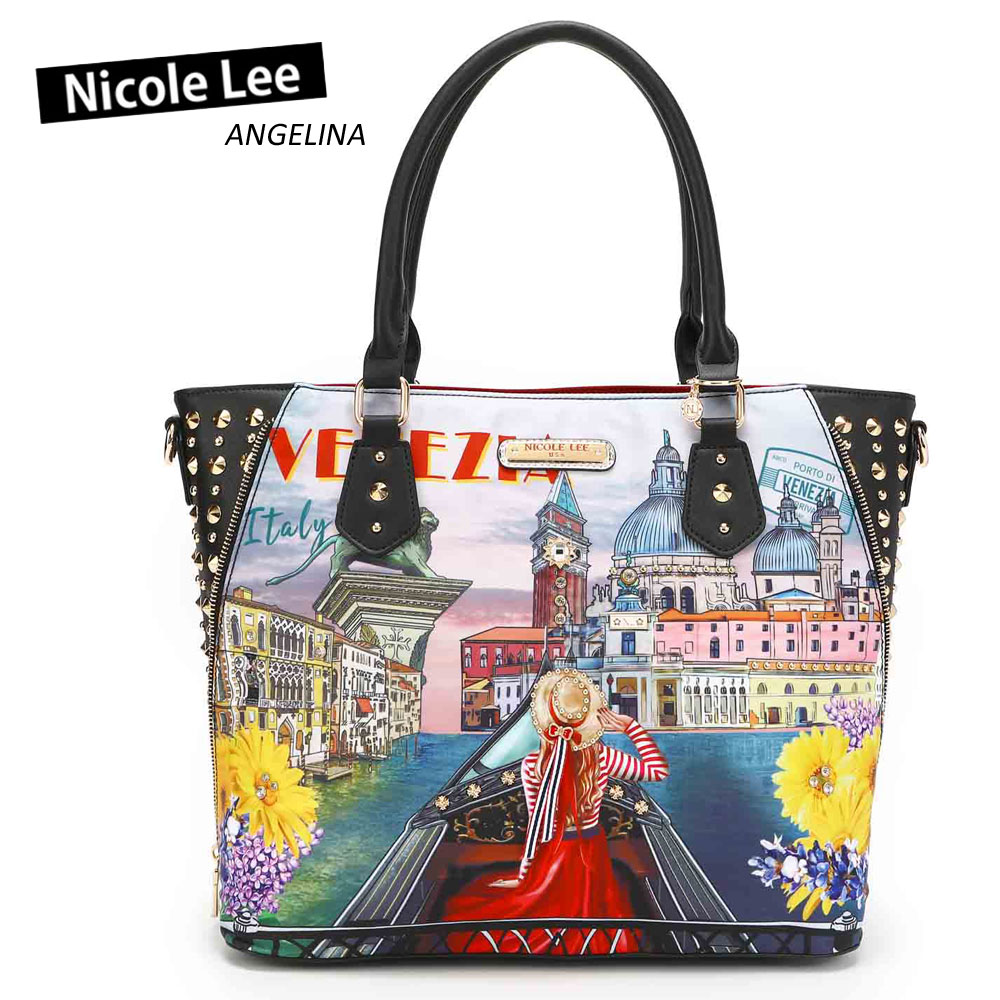 新作モデル 12 25 21ss Nicole Lee ニコールリー Hv Honeymoon In Venezia レディース ベネチア 風景画 デッサン スタッズ ナイロン トートバッグ 大きめ ショルダー フラワー ゴンドラ ビーガンレザー ヴィーガン 風景画 30代 40代 代 春夏秋冬 最高の