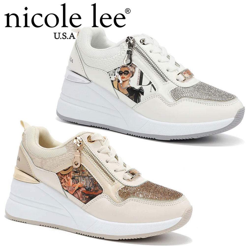 日本 限定 ３個 NICOLE LEE ニコールリー 日本正規品 SNK23021 LADY IN BLACK  レディース ラグジュアリー カジュアル スニーカー 厚底 ラインストーンスニーカー 宝石キラキラビジュー  ニコルリー RHINESTONE HEEL SNEAKER ゴールド シルバー HEAVEN ON EARTH 靴 白