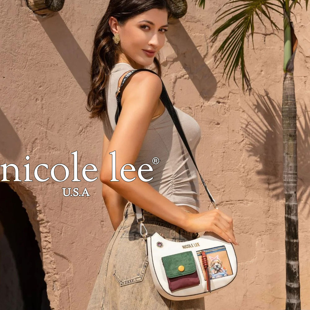 数量限定 NICOLE LEE ニコールリー P17104 MULTI COLORBLOCK SHOULDER BAG レディース スエード ベージュ ホワイト わんちゃん 犬 アニマルデザイン ブロックカラー ショルダーバッグ ミニ 海外ブランド バック ニコルリー ポケット バイカラー クラシックカー|ANGELINA - アンジェリーナ