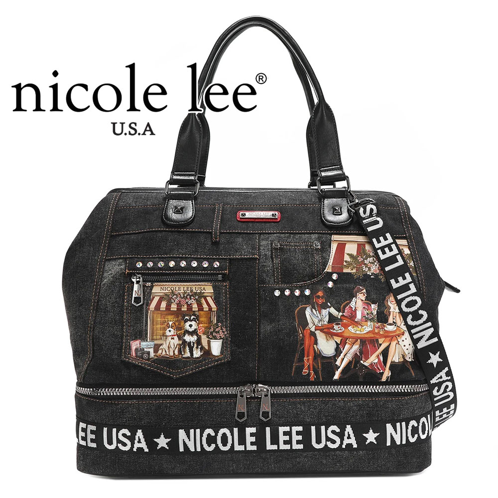 寸法押さえる NICOLE LEE ニコールリー JS16979 DENIM SISTERS SECRET WEEKENDER レディース ウォッシュデニム 大きめ ボストンバッグ ロゴタイプ肩肉 喫茶店 シュナウツァー わんお父ちゃん 犬 デニム 外国でブランド名 うしろ側  ニコルロバート・エドワード・リー キラキラ ビジュー 隠し 旅する