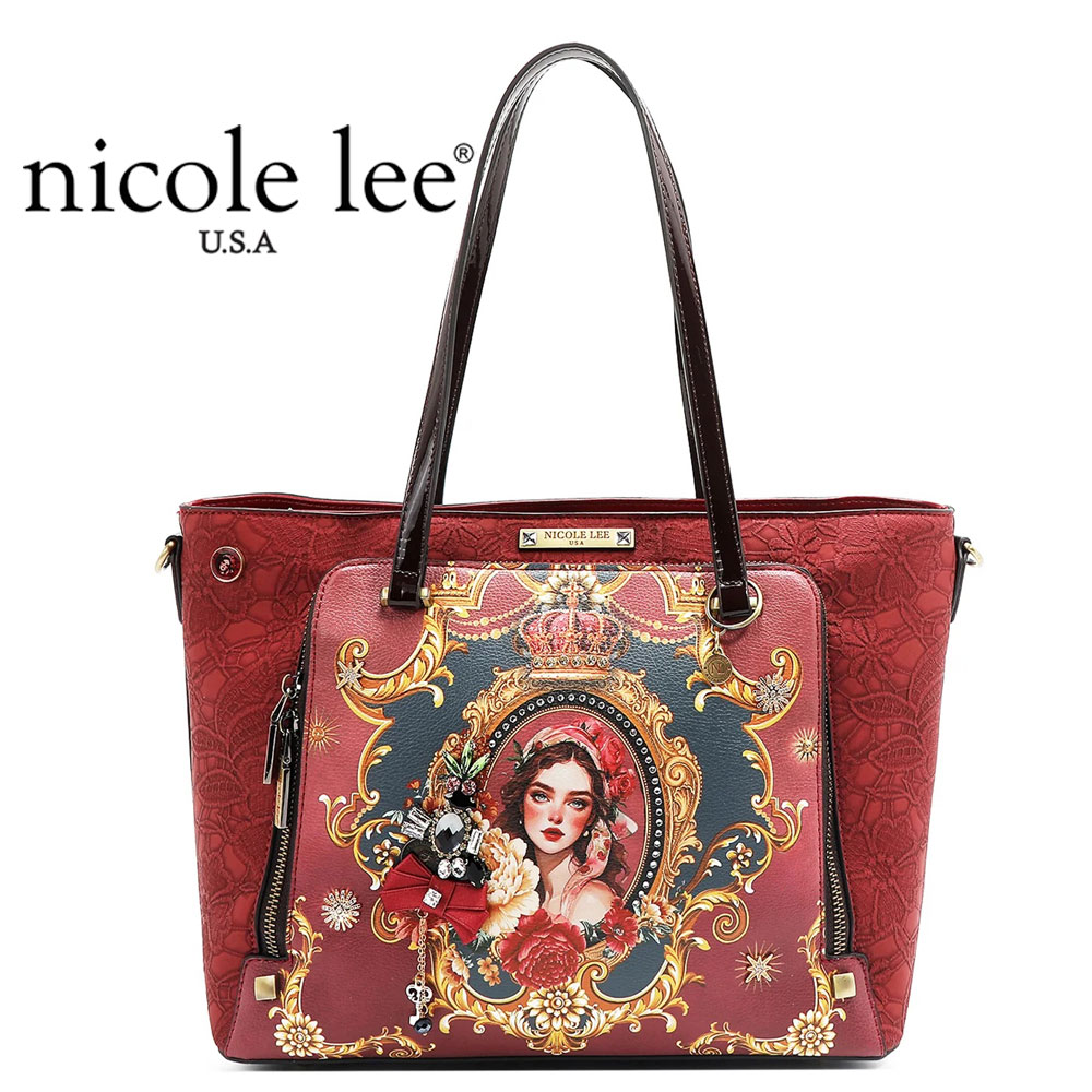 分量制限事項 NICOLE LEE ニコールリー TQ17001 THE QUEEN 2WAY ショルダーバッグ トートバッグ ショッパー レディース  ビーガンレザー 30代 40代 20代 50代 ビジュー 通い通学 大きめ シュロの葉 ロココ 統治女王 王家 晴れ晴れしい 胸飾り 色合い石ころ 御花 花柄