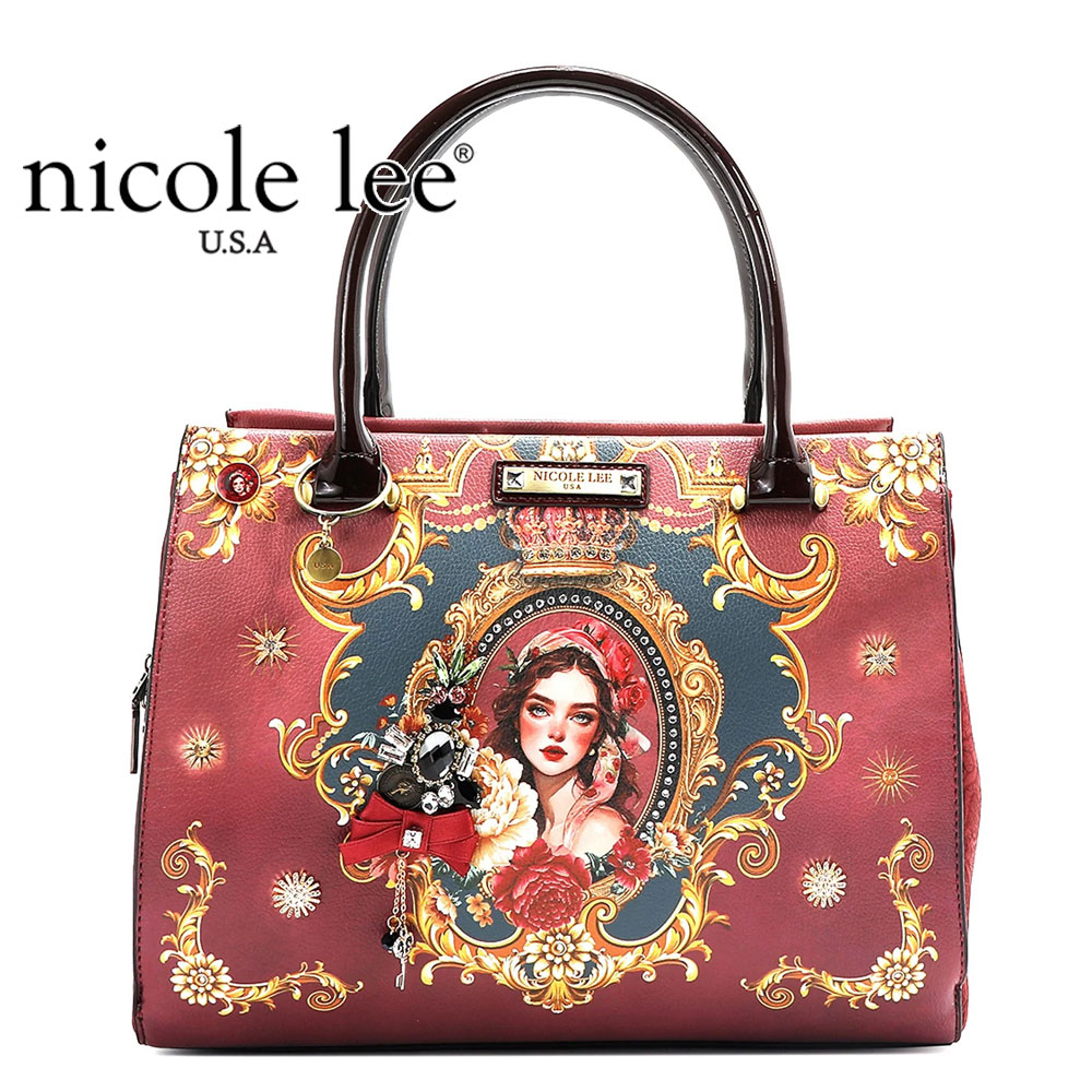 寸法押さえる NICOLE LEE ニコールリー TQ17002 THE QUEEN 2WAY サッチェル ハンドバック レディース ブドウ酒  ビーガンレザー 肩肉 30代 40代 20代 50代 インスタ 通い通学 大きめ ボストンバッグ ロココ 統治女王 皇族 晴れ晴れしい 胸飾り 色つや石ころ 御花
