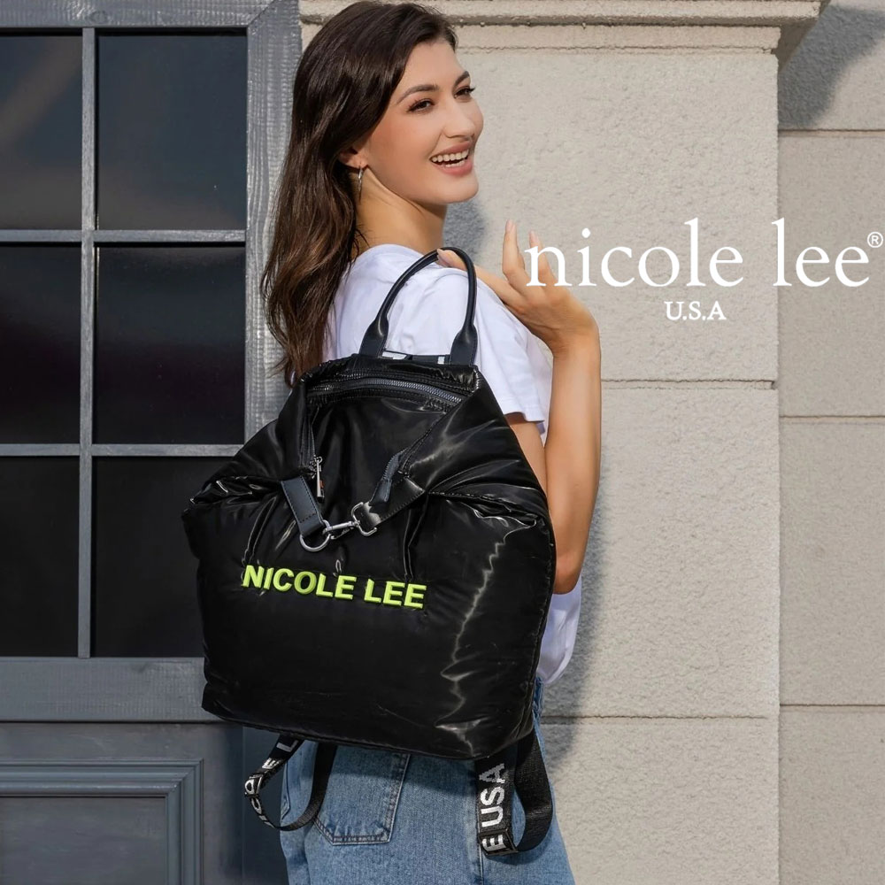 数量限定 NICOLE LEE ニコールリー P17015 PUFFY LARGE BACKPACK  レディース ナイロン 大きめ リュックサック バックパック  ラージバックパック ロゴショルダー 通勤通学 nicolelee ニコルリー 大型 パデッド ロゴ 大型リュック マザーズバッグ ライムグリーン