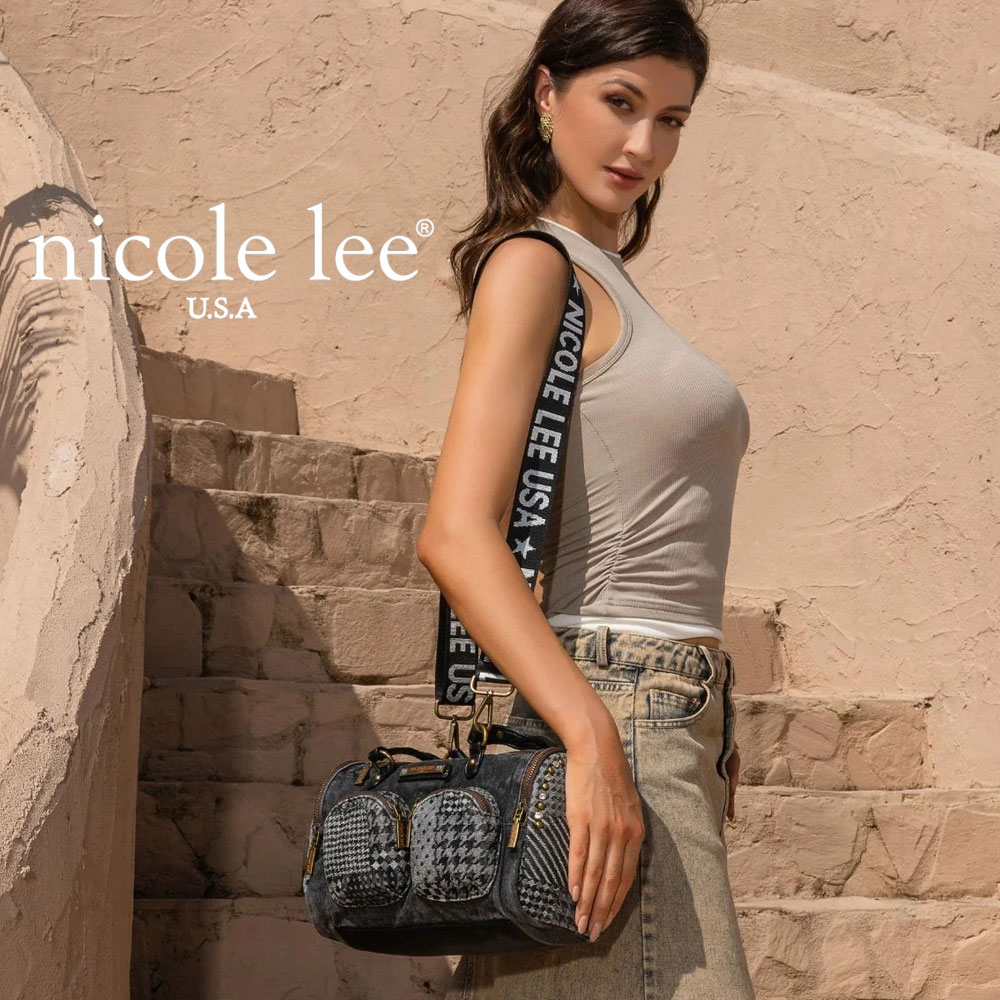 物量制限事項 NICOLE LEE ニコールリー JS17135 ウォッシュドデニムミニハンドバッグ レディース ウォッシュデニム 心地好い エディターズバッグ スタッズ うしろ側 nicolelee ニコルロバート・エドワード・リー ロゴタイプ肩先 ミニ豆の町 立ちはだかる チェッカー柄 継ぎ切れ目論む 隠し