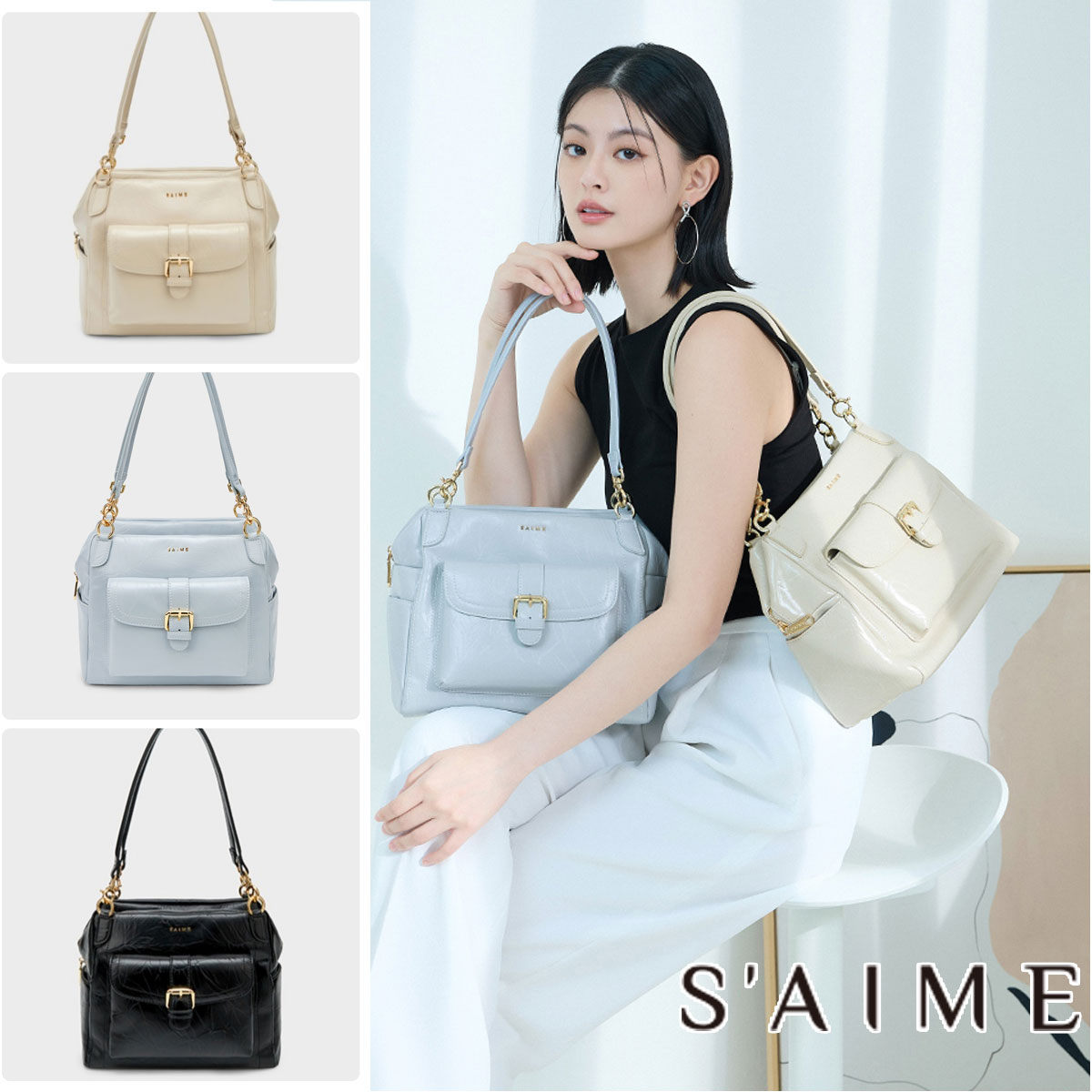 2026新ブランド！ 保証付 返品OK セメ S&rsquo;AIME 日本 正規品 日本未入荷ブランド 大人のための上質ソフトバッグ 光沢レザー ゴールド金具 2WAYハンドバッグ 肩掛け対応 収納力◎ 通勤通学 レトロ 台湾 20代 30代 40代 高品質ビーガンレザー ショルダーバッグ SBG-A1332M｜ANGELINA - アンジェリーナ