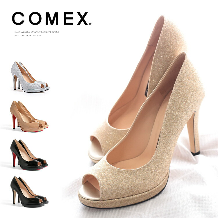 COMEX パンプス コメックス オープントゥ ピンヒール エナメル 厚底 ラメ 日本製