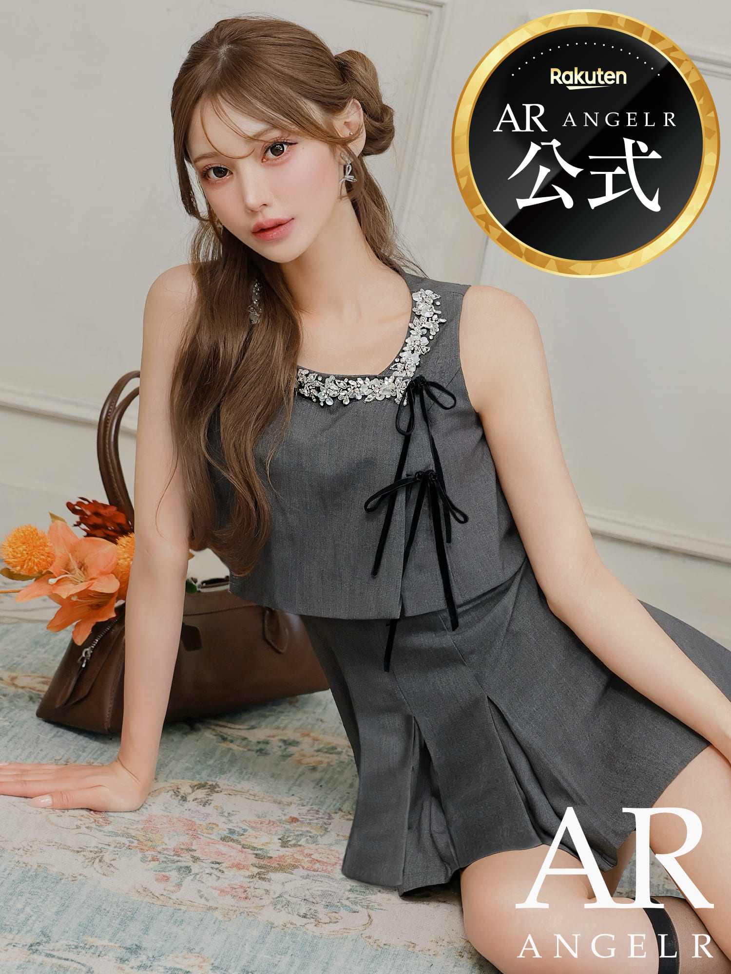 【公式ストア限定プレゼント付】AngelR [エンジェルアール] AR25338 ミニドレス ノースリーブ リボン ビジュー 2way フレア マイクロミニ AR25338｜Angel R 公式店