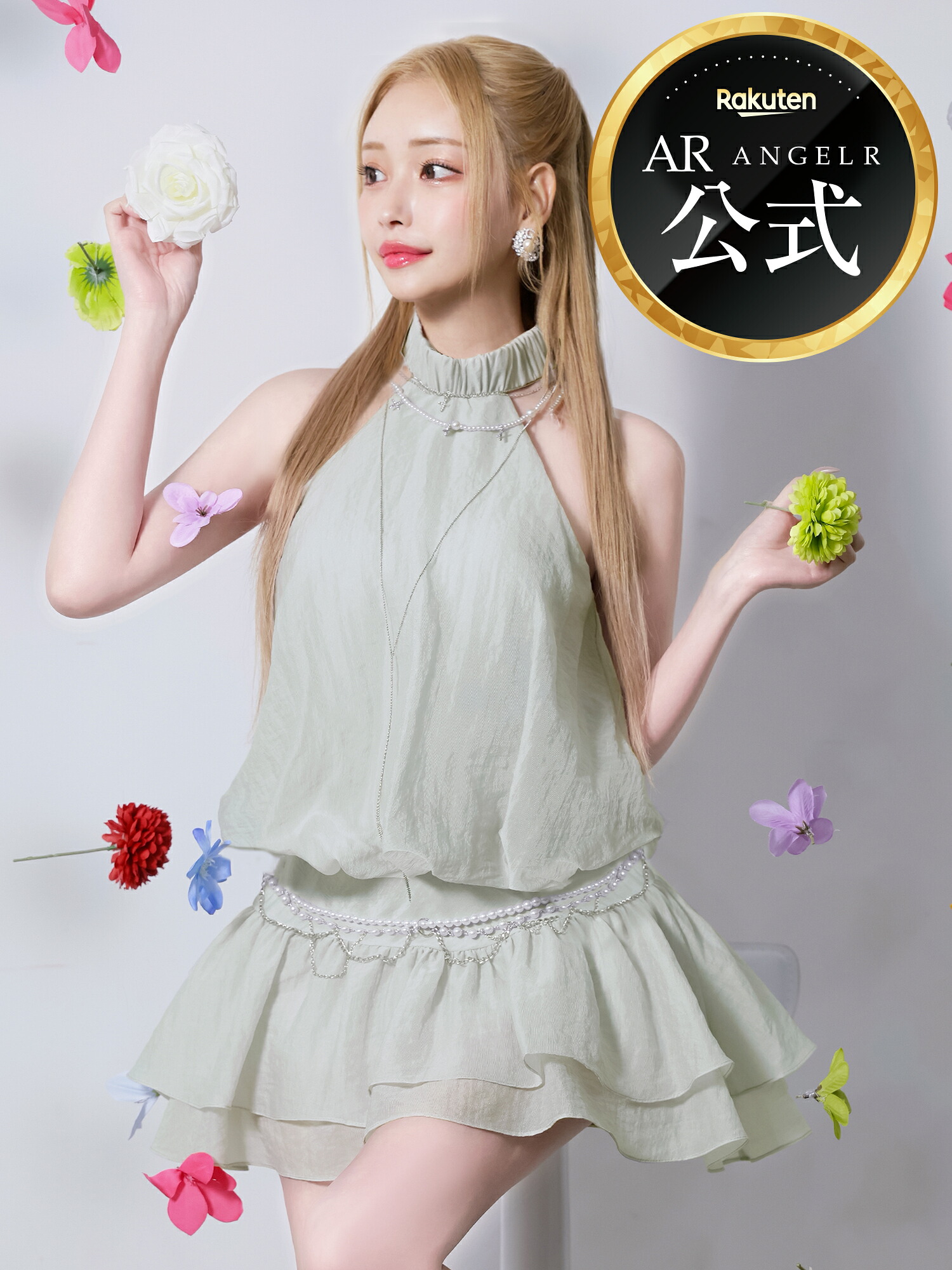 【堅苦しさバス発着場制限事項差し上げ物付】AngelR [天使アール] シフォン / ホルターネック / チェーン店 / ビジュー / ミニお召しもの / 寄りあい / キャバクラ / キャバ嬢 / キャバドレス / ハイネック / AR25827