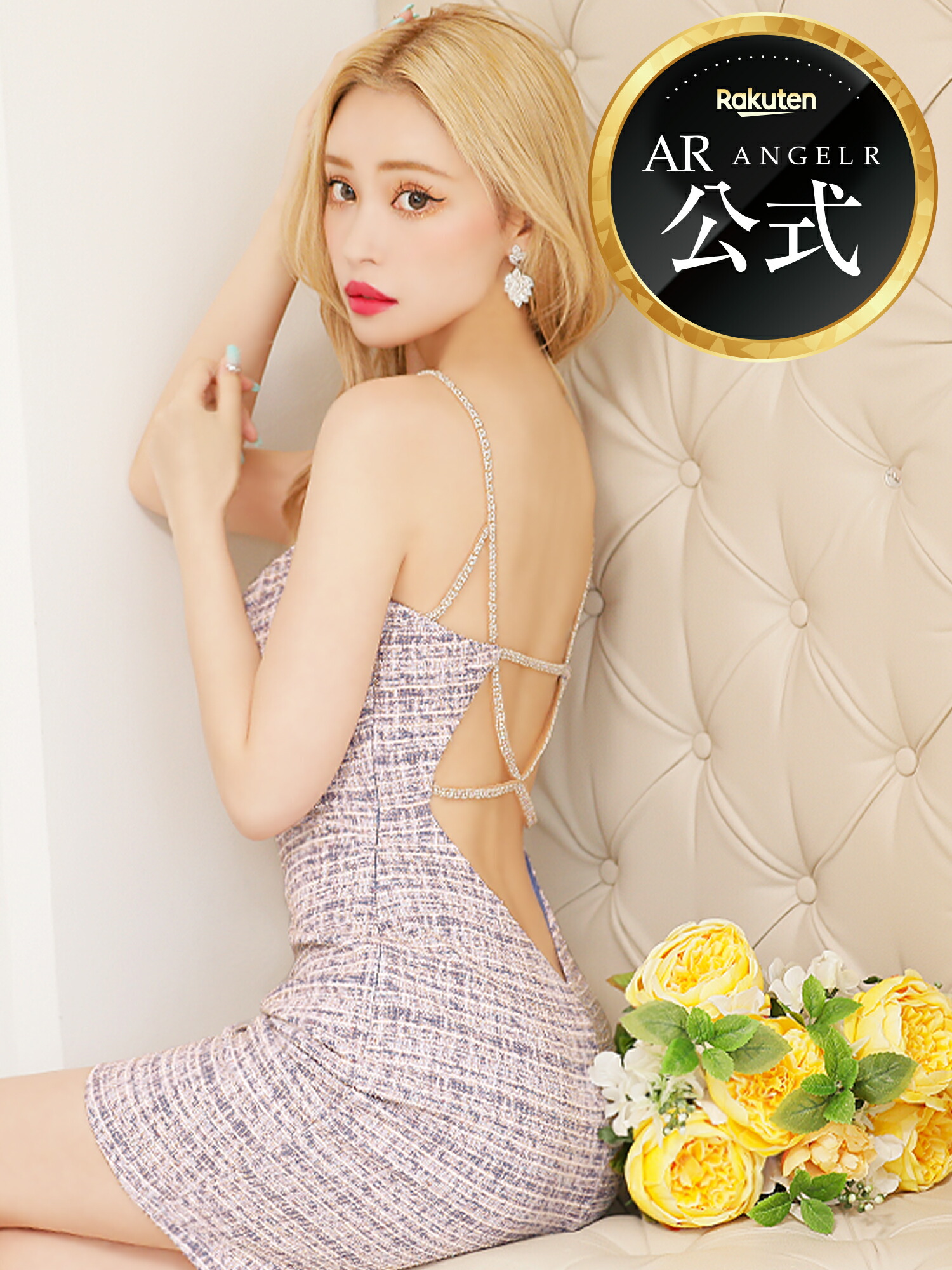 【公式ストア限定プレゼント付】Angel R エンジェルアール ［ショルダービジューチェックミニドレス]ミニドレス ノースリーブ ビジュー ラウンジ パーティー 韓国ドレス キャバドレス AR23216