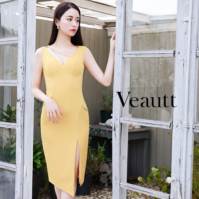 【公式ストア限定プレゼント付】Veautt[ヴュート] デコルテパールビジューチェーンスリットミディアムドレス オフショルダー ビジュー ラウンジ パーティー 韓国ドレス キャバドレス AngelR エンジェルアール VT09233｜Angel R 公式店