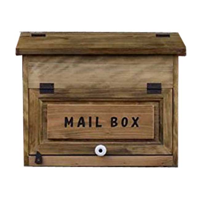 ポスト横型 アンティークブラウン 37×14×30cm MAIL BOX彫り込み フラットタイプ 投函口なし 郵便受け 木製 ひのき ハンドメイド オーダーメイド