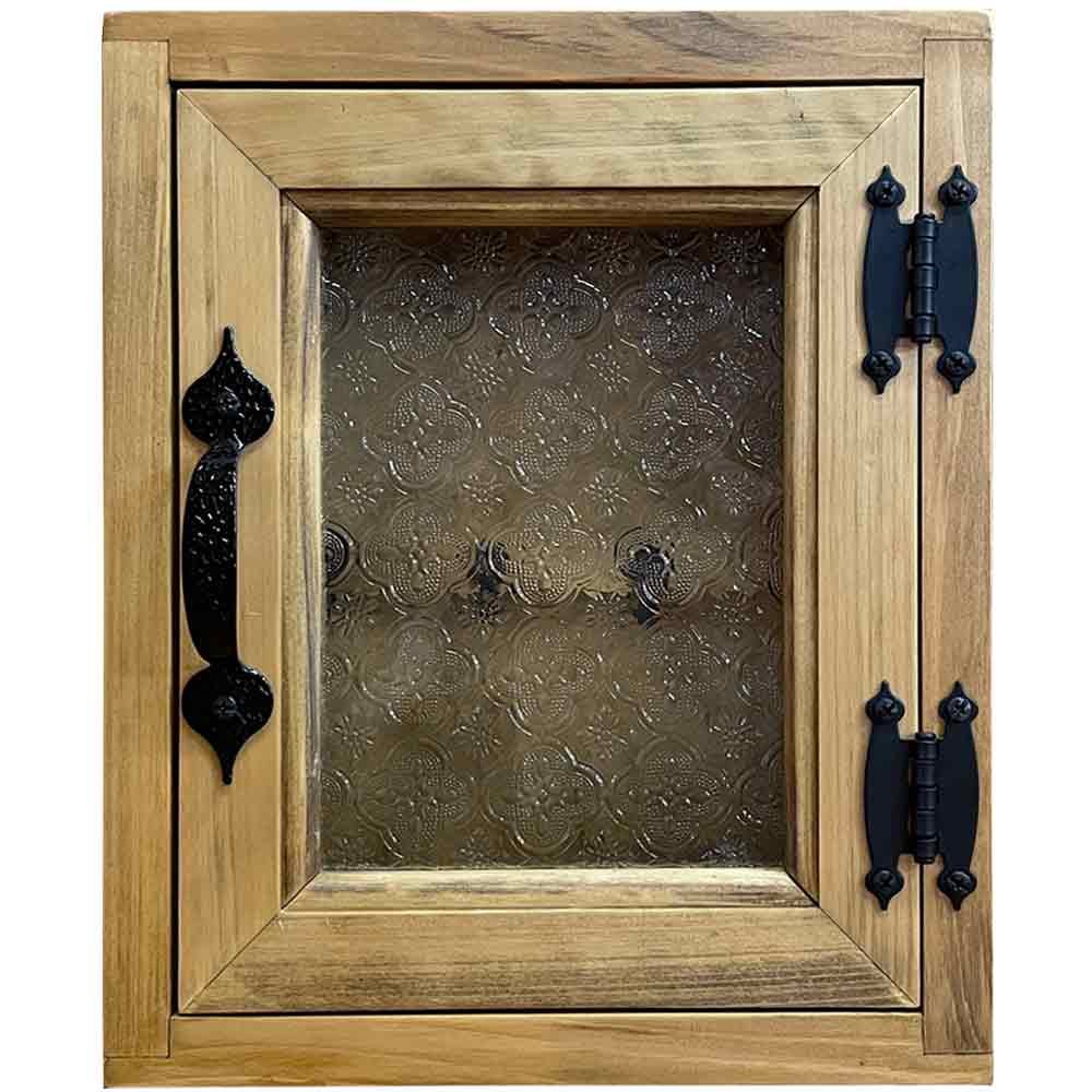 キーボックス アンティークブラウン フローラガラス扉 25×7×30cm アイアン取っ手 木製 ひのき ハンドメイド オーダーメイド