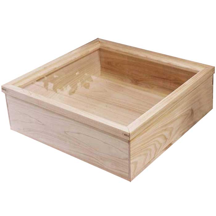コレクションケース 透明ガラス 無塗装白木 w40d40h13.5cm つまみなし 木製 ひのき ハンドメイド オーダーメイド