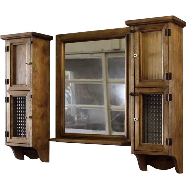 洗面化粧台 スリムキャビネット&ミラーシェルフ アンティークブラウン w80d15h60cm セット 木製 ひのき ハンドメイド オーダーメイド