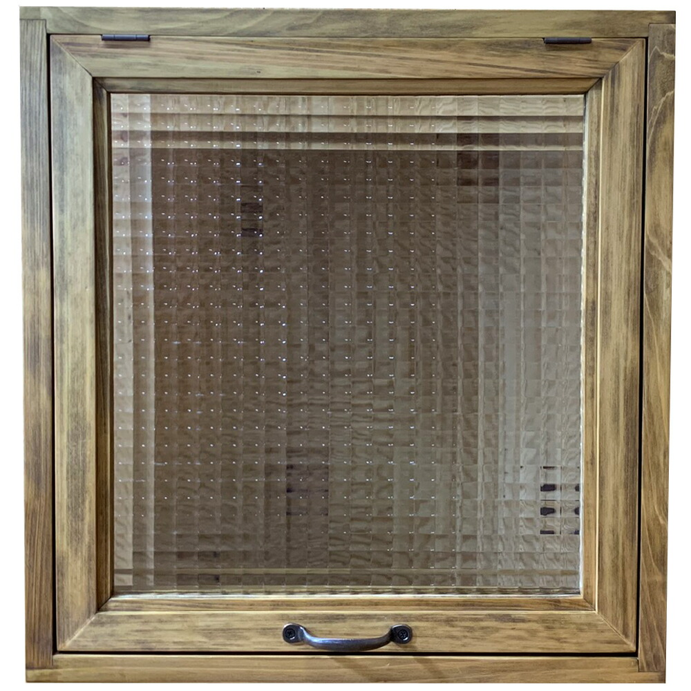 突き出し窓 チェッカーガラス フラップアップ式 46&times;16&times;48cm 扉の厚み3cm アンティークブラウン ブロンズ取手 両面仕様 採光窓 木製 ひのき ハンドメイド オーダーメイド｜エンジェルズ　ダスト
