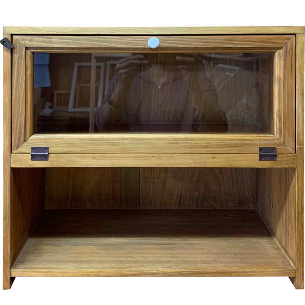 スパイスラック クリア透明ガラス扉 背板つき 二段ラック アンティークブラウン 45x25x41.5cm 置き型 木製 ひのき ハンドメイド オーダーメイド