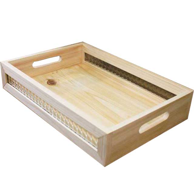 トレイ チェッカーガラス w40d27h7.5cm 無塗装白木 BOX型トレイ お盆 木製 ひのき ハンドメイド オーダーメイド