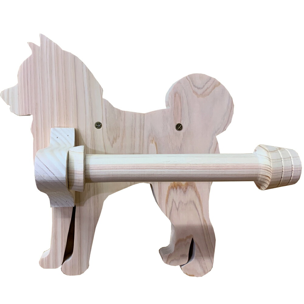 トイレットペーパーホルダー 秋田犬 21×12×21cm 無塗装白木 軸固定式ホルダー 木製 ひのき ハンドメイド オーダーメイド