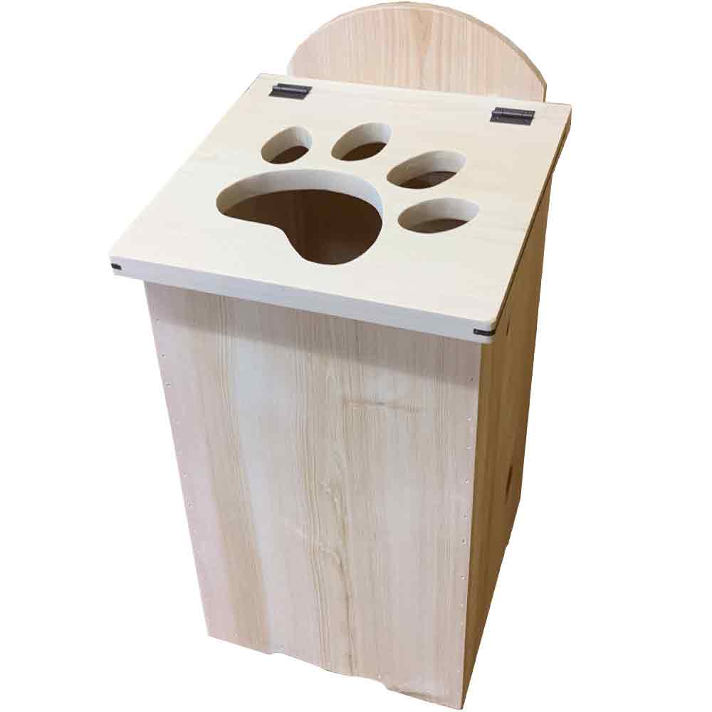 ダストボックス 肉球くりぬき ふた付 27x28x53cm 無塗装白木 ごみ箱 木製 ひのき ハンドメイド オーダーメイド｜エンジェルズ　ダスト