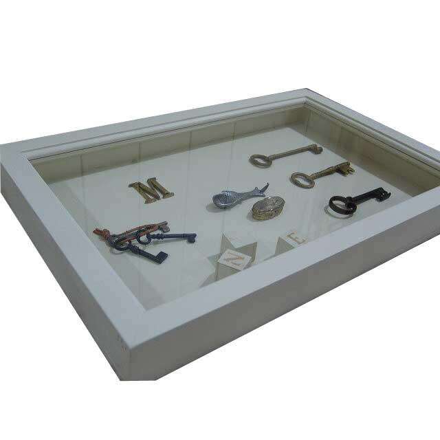 コレクションケース 透明ガラス アンティークホワイト w60d40h9cm つまみなし 木製 ひのき ハンドメイド オーダーメイド
