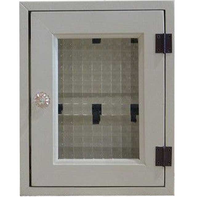 キーボックス アンティークホワイト 20×7×25cm チェッカーガラス パンプキンノブ 角型 ニッチ用 木製 ひのき ハンドメイド オーダーメイド
