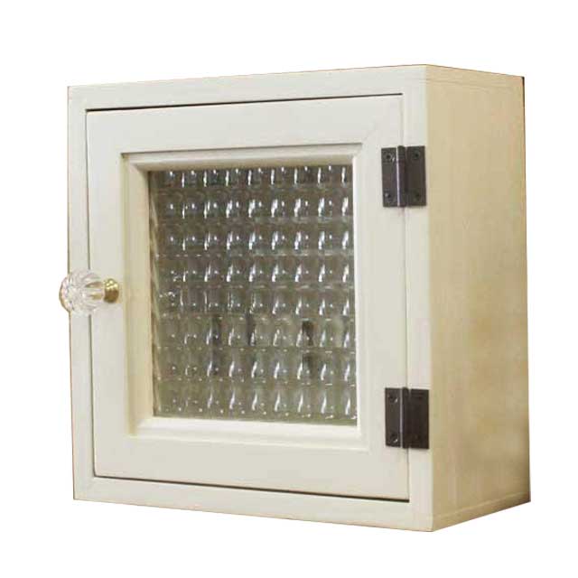 キーボックス アンティークホワイト チェッカーガラス扉 パンプキンノブ 正方形 20&times;9&times;20cm キーボックス ニッチ用 木製 ひのき ハンドメイド オーダーメイド｜エンジェルズ　ダスト
