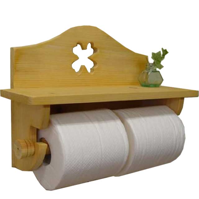 トイレットペーパーホルダー 四つ葉のクローバー ライトオーク w32d12h25cm ダブル 木製 ひのき ハンドメイド オーダーメイド