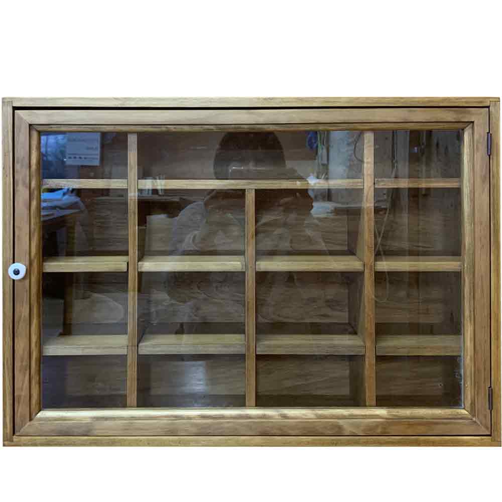コレクションケース マス目 透明ガラス扉 アンティークブラウン 58×14.5×42cm 裏板付き 木製 ひのき ハンドメイド オーダーメイド