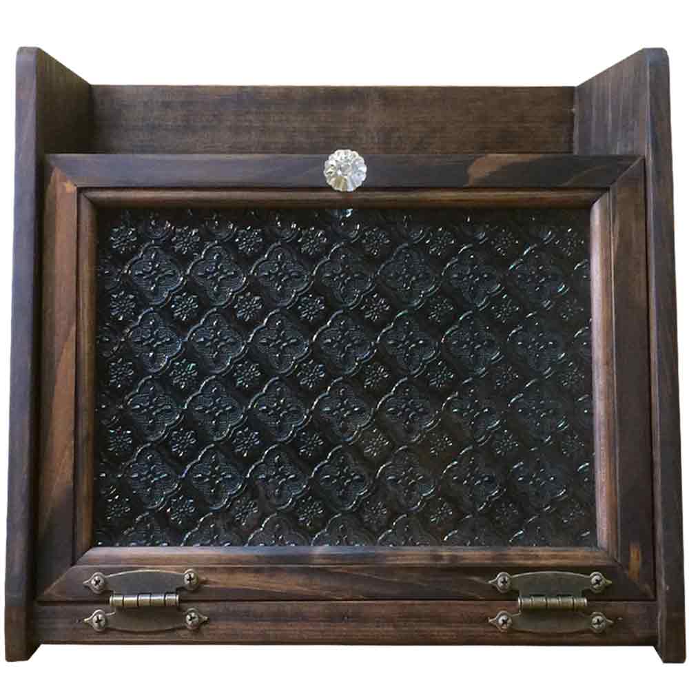 ブレッドケース フローラガラス扉 うす暗い赤銅色 35×25×32糎 西洋カボチャノッブ 木製 ひのき 御手々御手伝いさん  購入注文御手伝いさん