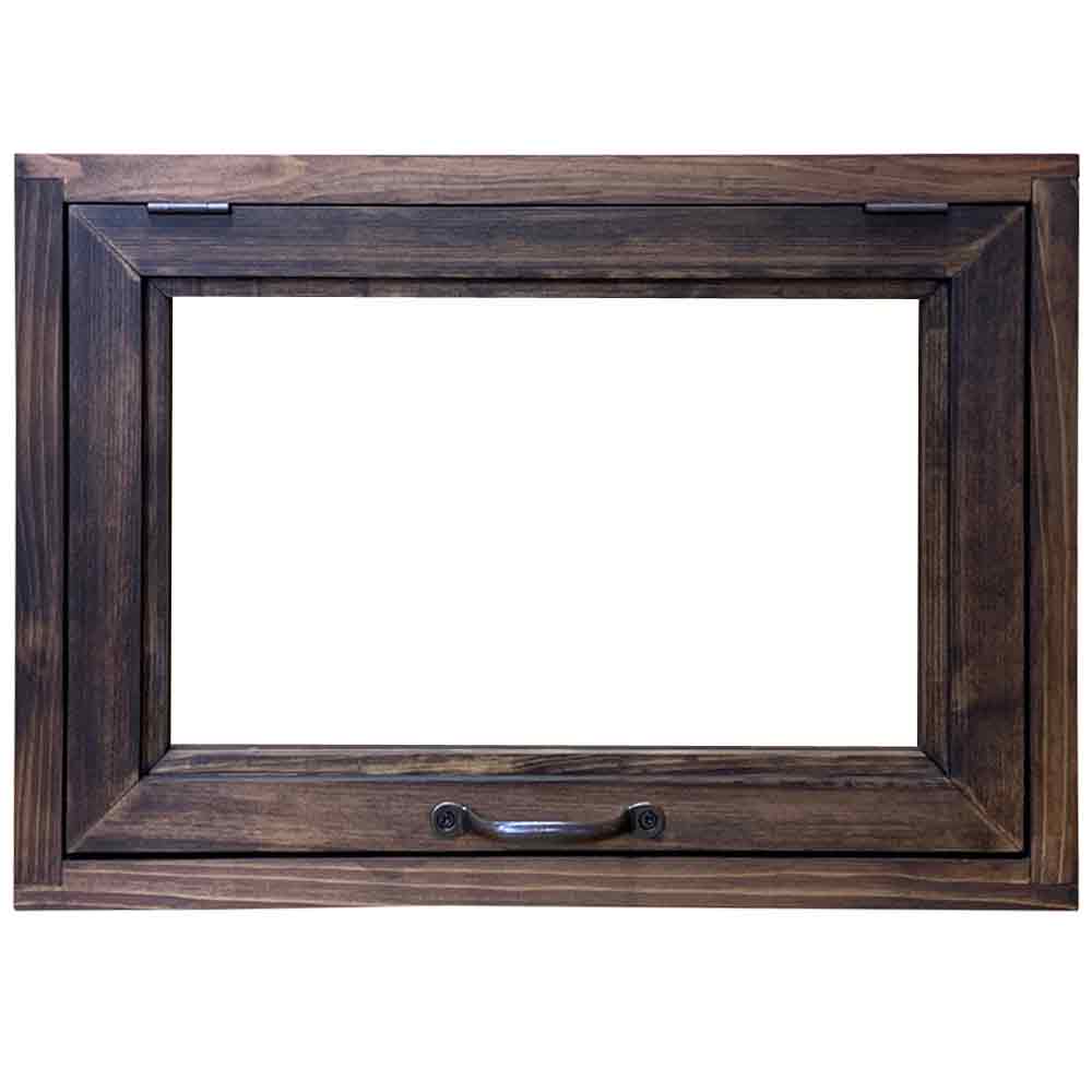 突き出し窓 透明ガラス ダークブラウン 42&times;15&times;30cm・扉の厚み3cm アイアン取っ手 フラップアップ式 木製 ひのき ハンドメイド オーダーメイド｜エンジェルズ　ダスト