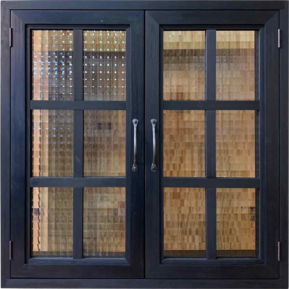 喫茶店窓 ブラックステイン 65×15×65糎・奥ふかさ3糎 チェッカー玻璃扉 細長い切口をふさぐ桟入り アイアン細手持ち部分 北欧 木製 ひのき お手手御手伝いさん 購入注文御手伝いさん